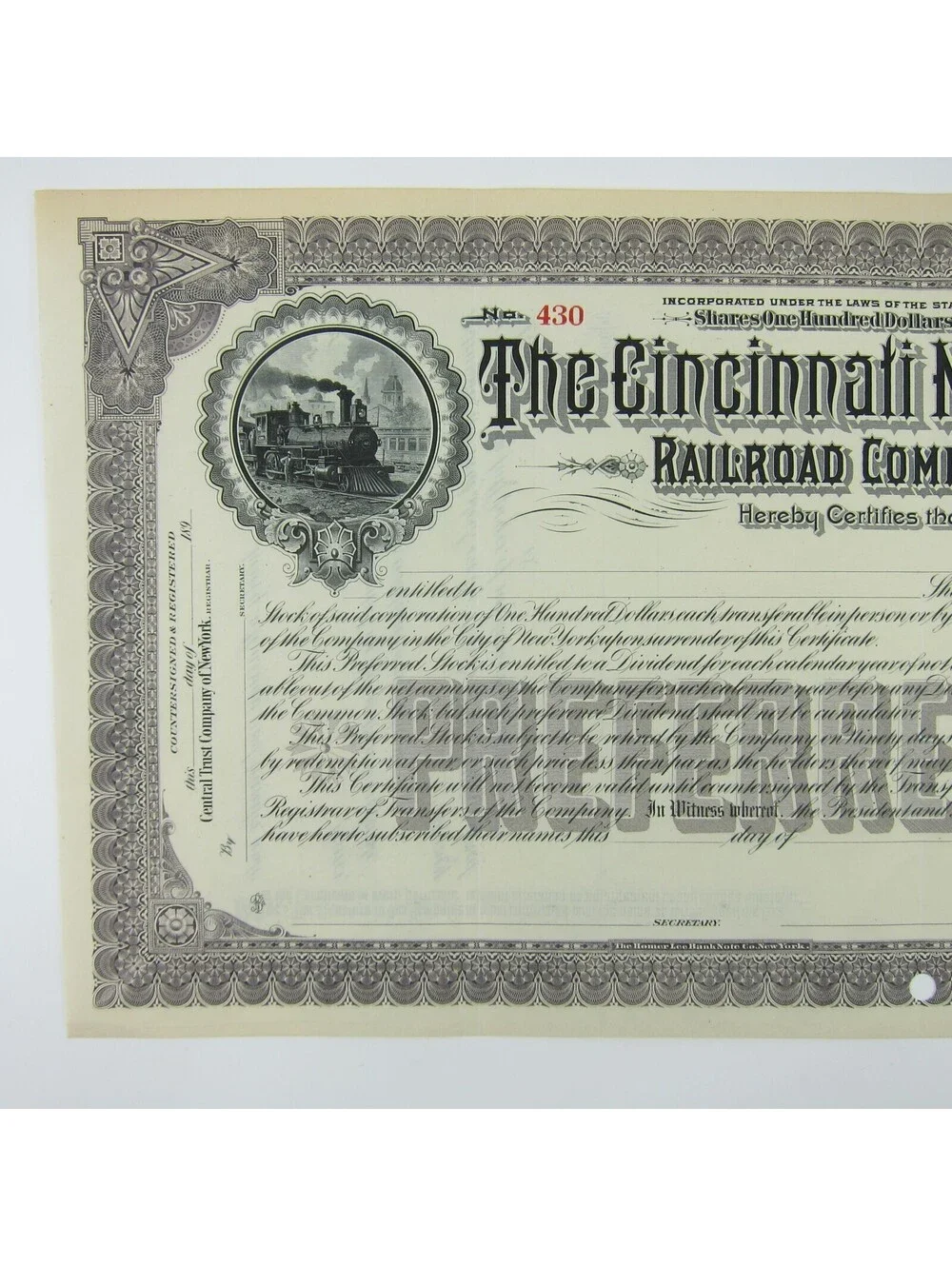 Antique 1890s Cincinnati Northern Railroad Co Stock Certificate Railroad Stocks